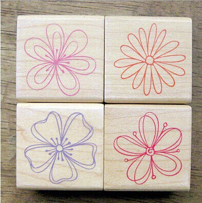 wood Arts Stamp Set 4pcs Fanciful Flowers Ink Stamp