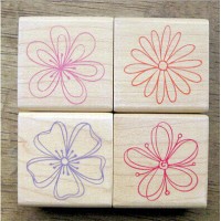 wood Arts Stamp Set 4pcs Fanciful Flowers Ink Stamp